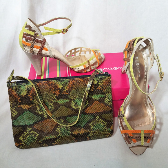 BCBGMaxAzria Shoes - BCBG Python Print Leather Wristlet Clutch & Heels